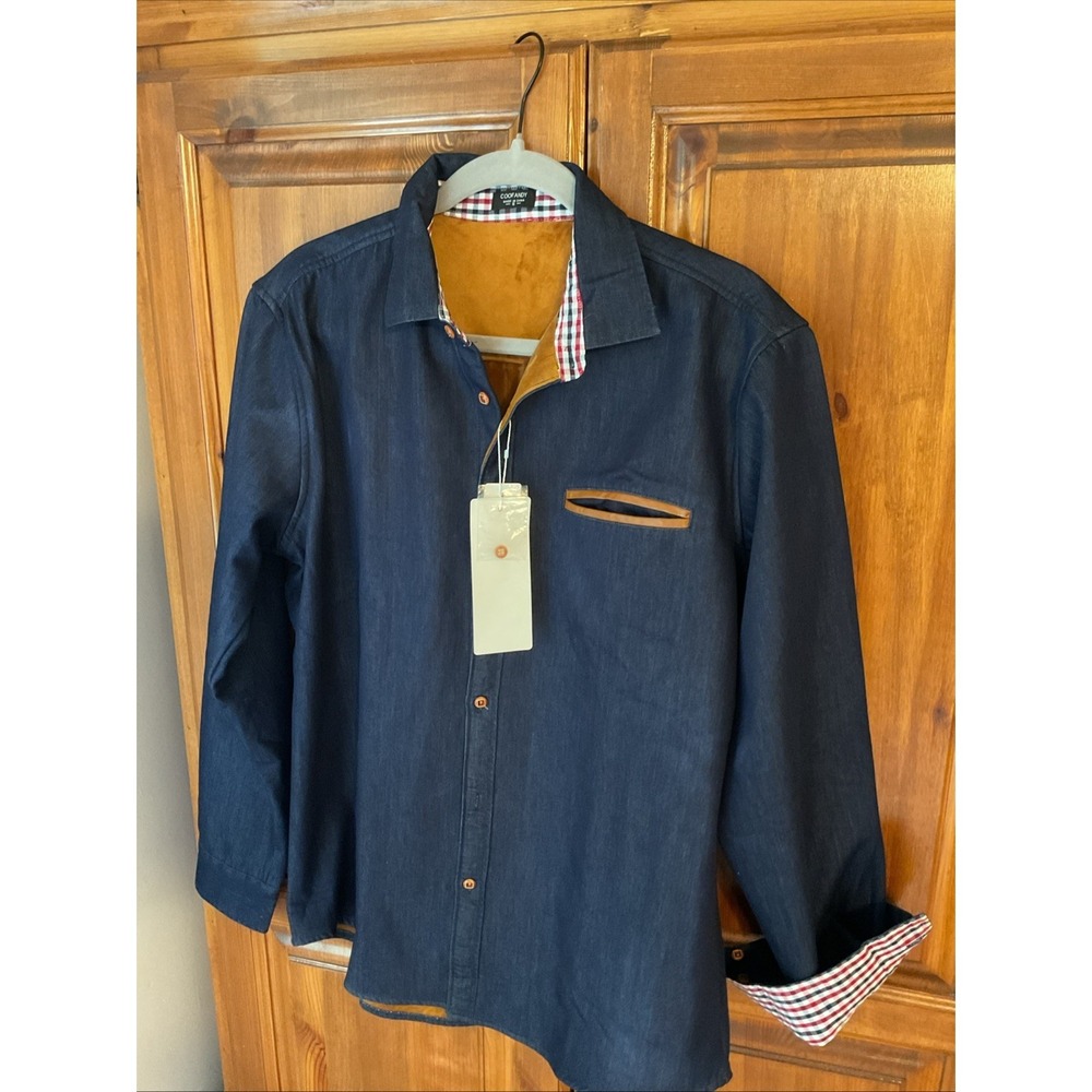 Coofandy Men's Long Sleeve Dark Denim Faux Suede Tan Lining NWT